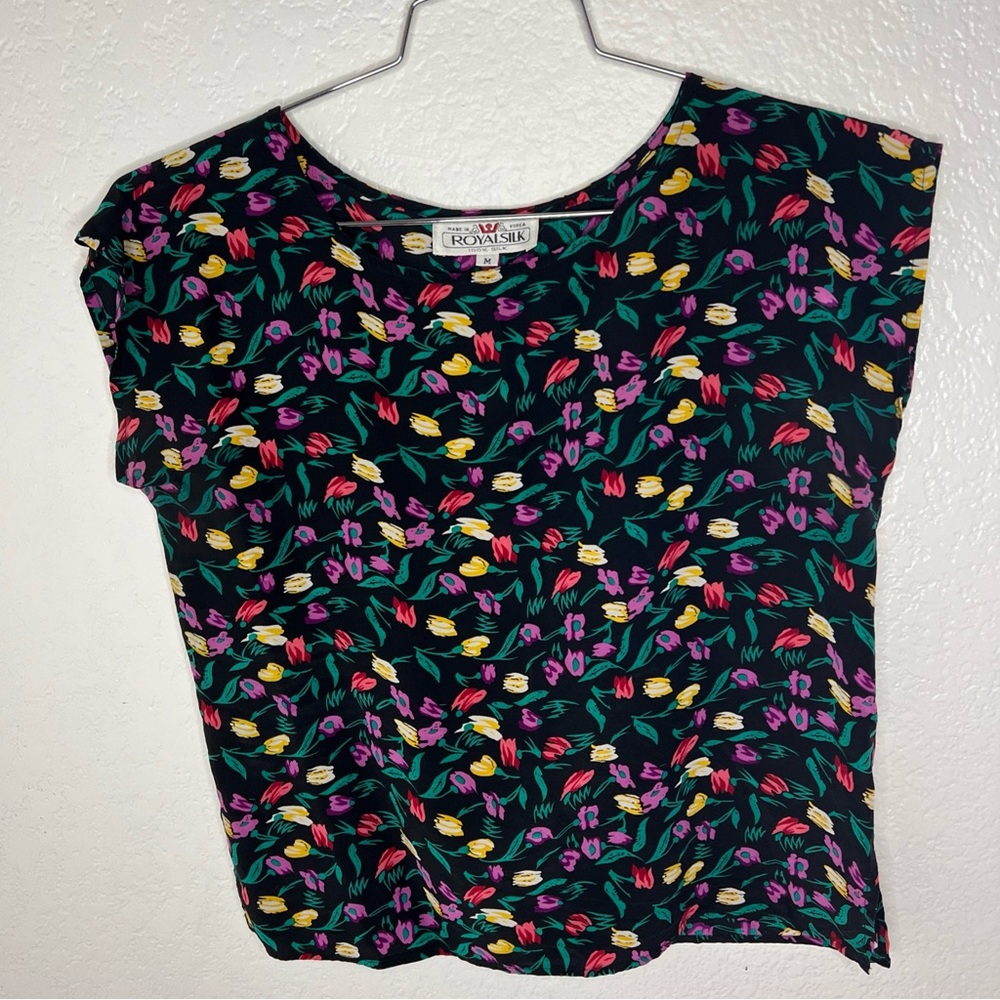 Royalsilk 100% Silk Floral Short Sleeve Woman’s Top Medium Colorful Black Green